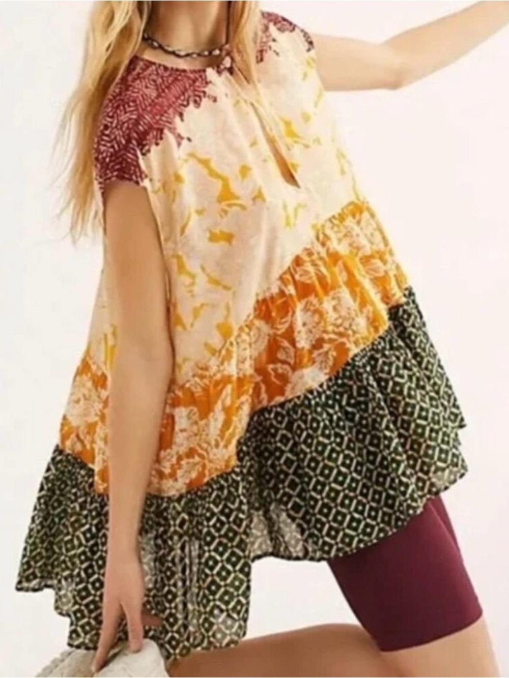 Free People “Gotta Have You” Maroon and Cream Patterned Top, Medium